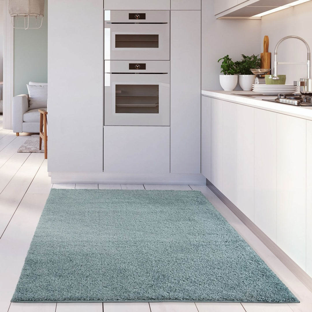 Shaggy duck egg blue rug high quality, thick pile 30 mm, easy to clean.