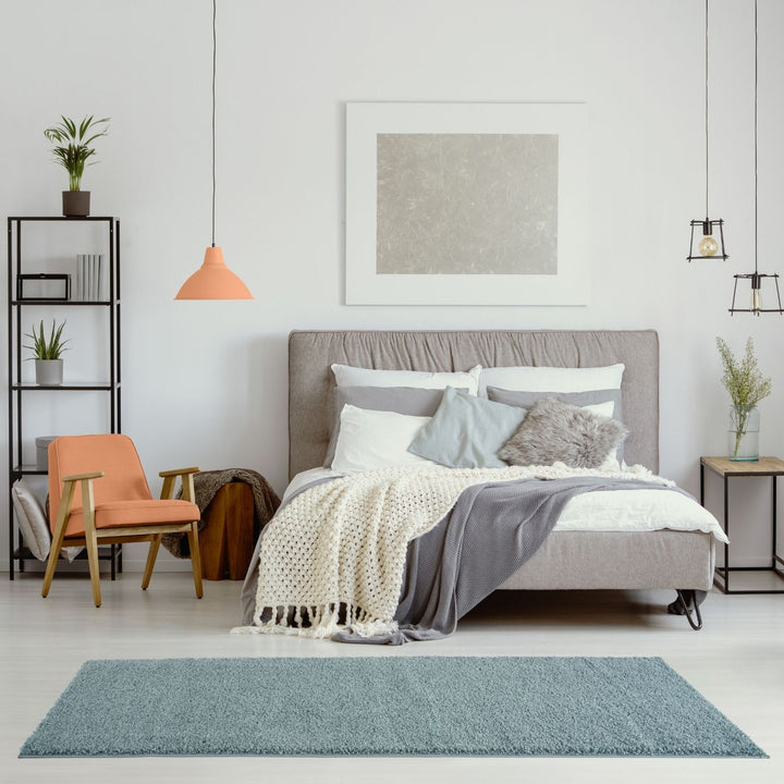 Shaggy duck egg blue rug high quality, thick pile 30 mm, easy to clean.