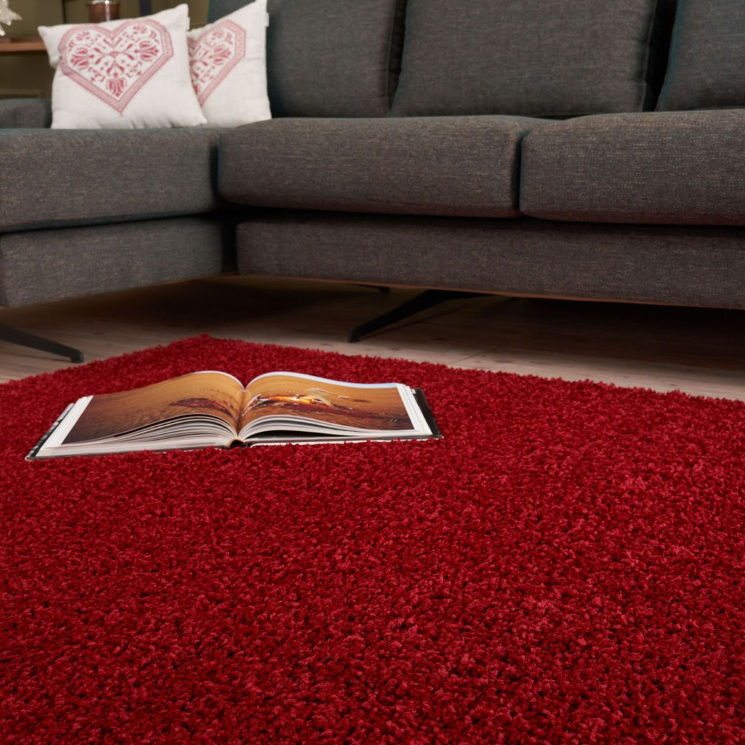 Shaggy Rug Plain Red non-shedding easy to clean