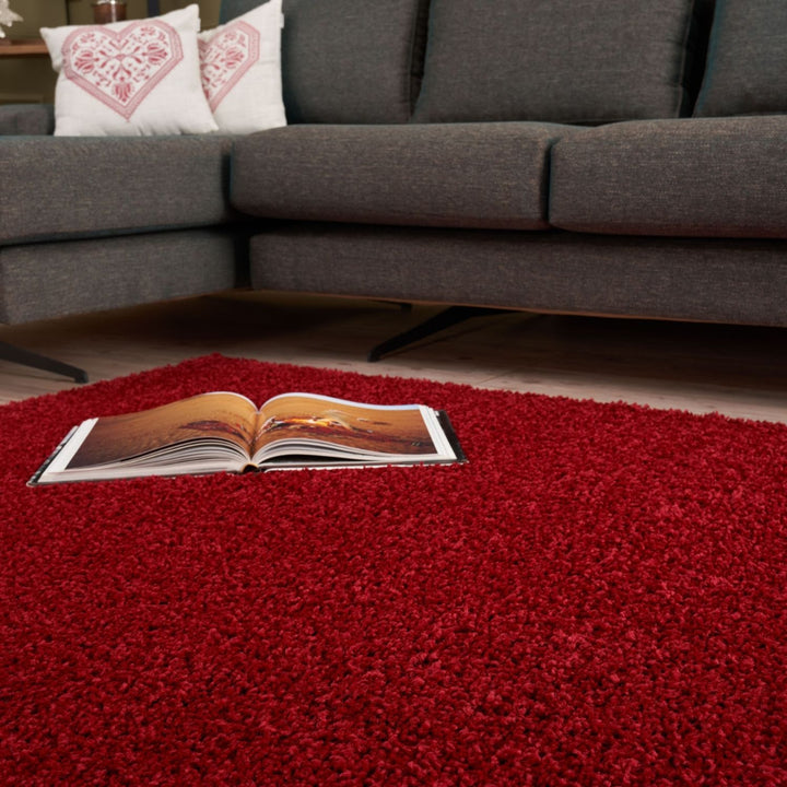 Shaggy Rug Plain Red non-shedding easy to clean