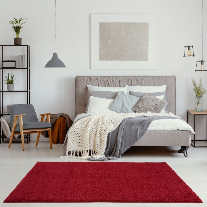 Shaggy Rug Plain Red non-shedding easy to clean