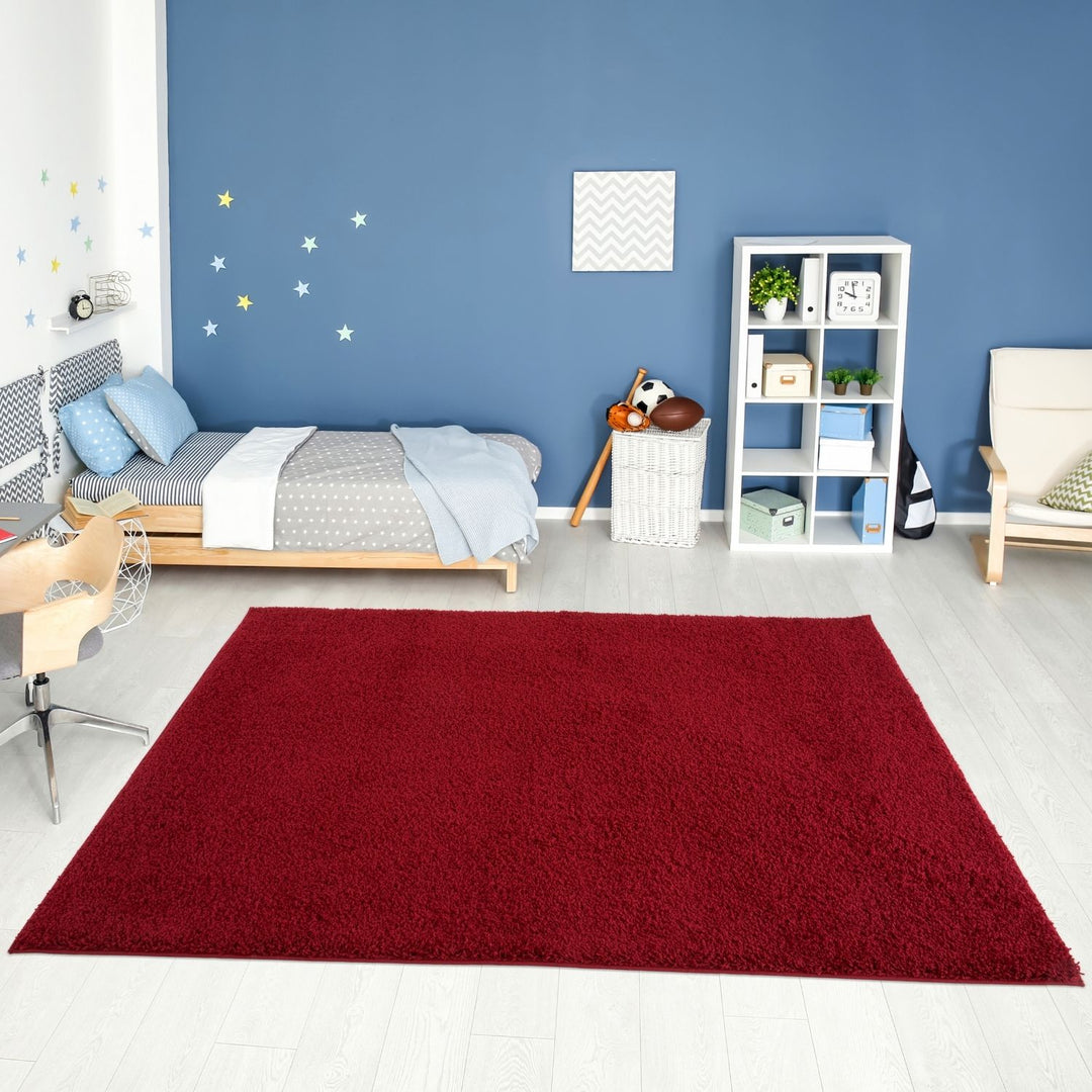 Shaggy Rug Plain Red non-shedding easy to clean