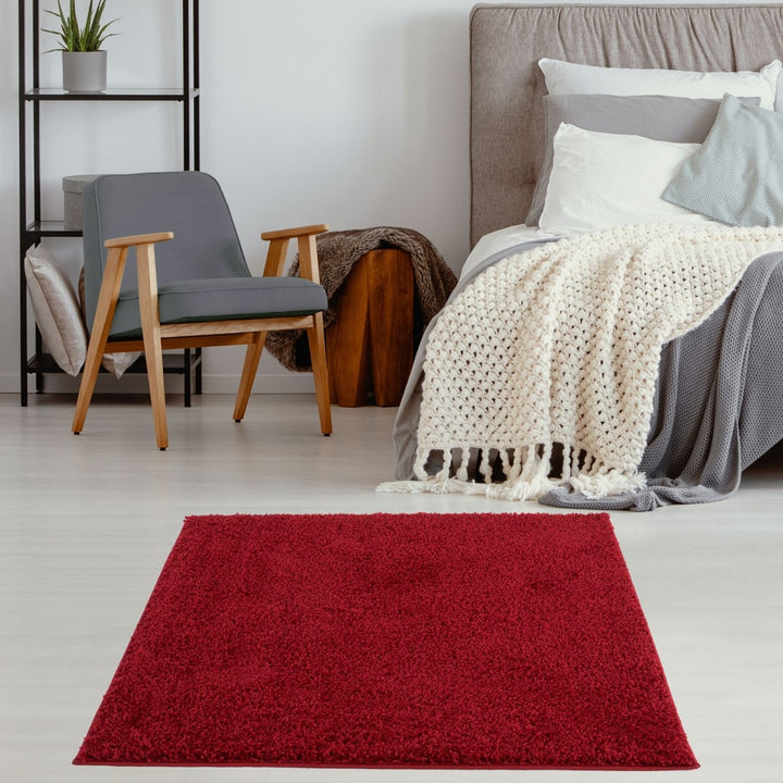 Shaggy Rug Plain Red non-shedding easy to clean