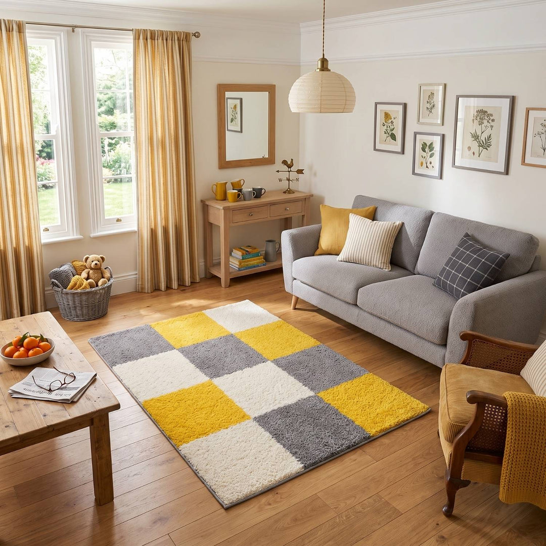 Myshaggy Geometric Yellow Rug, Soft Durable pile, eco-friendly, stain-resistant, thick shaggy rug.