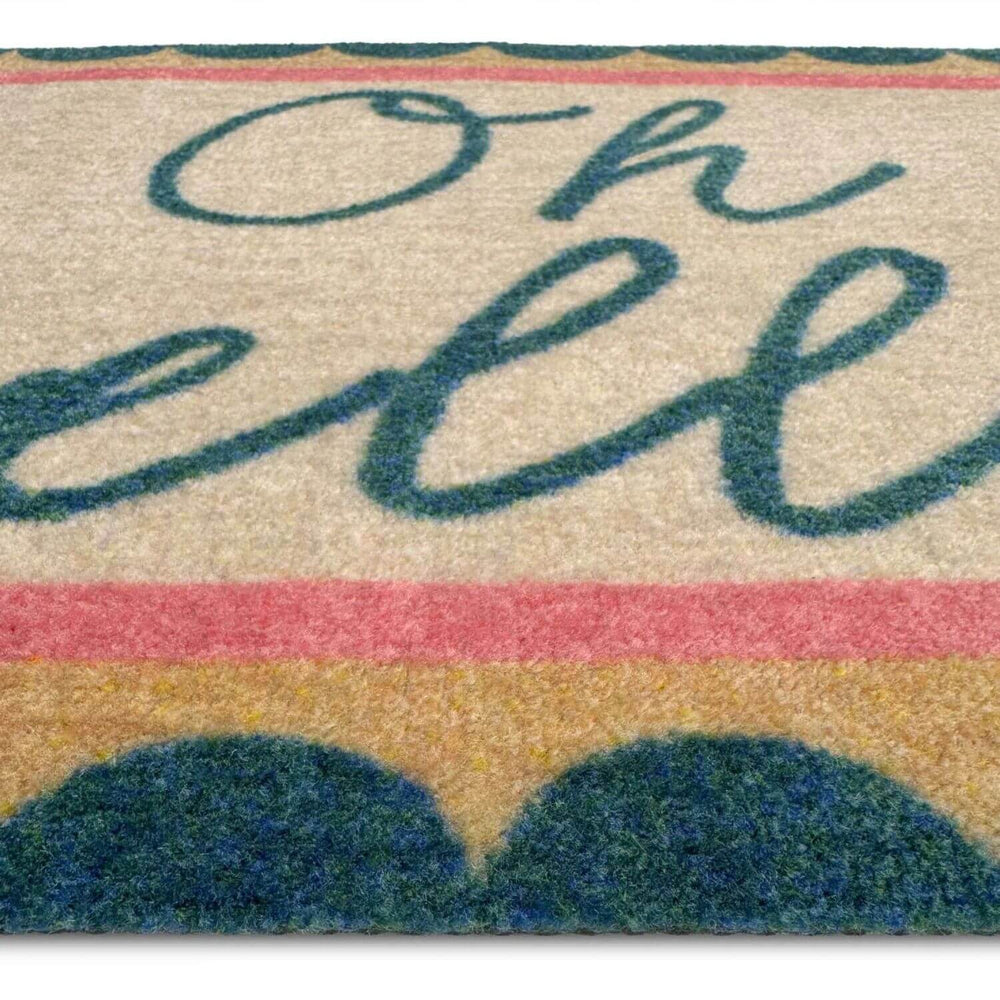 Doormat with 'Oh hello' text and colorful border