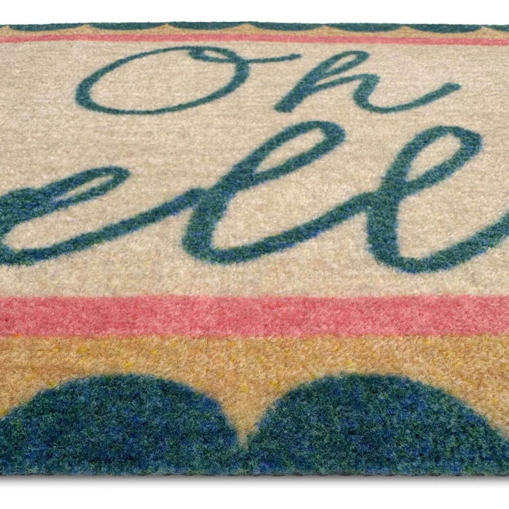 Doormat with 'Oh hello' text and colorful border