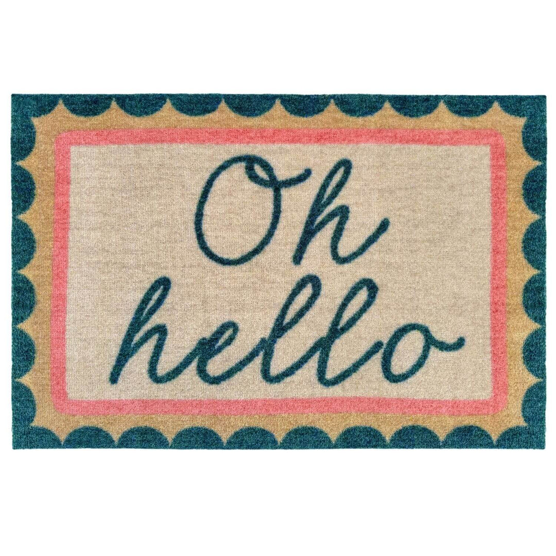 Doormat with 'Oh hello' text on a white background
