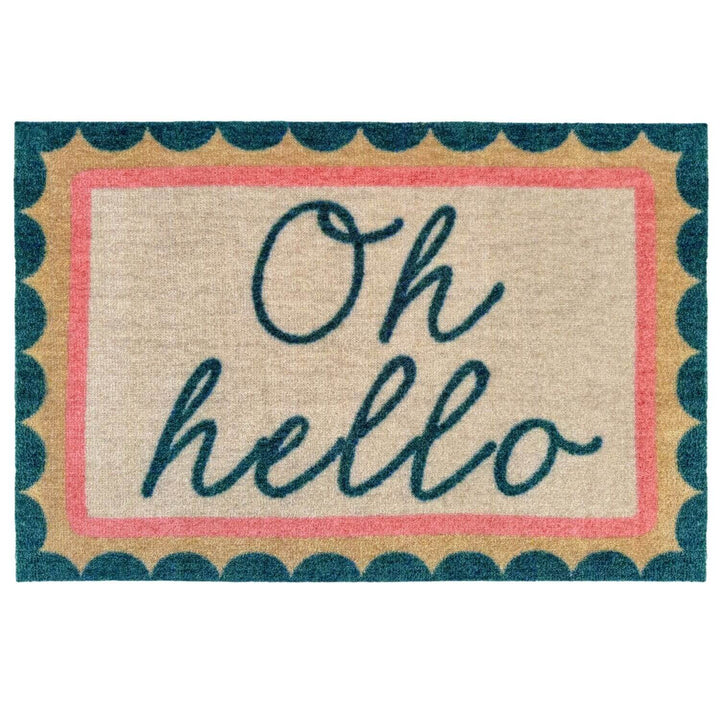 Doormat with 'Oh hello' text on a white background
