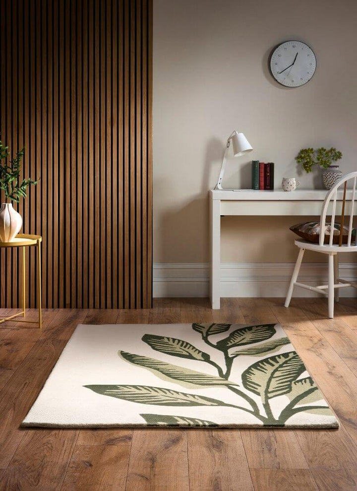 Paradise Leaf hand-tufted wool rug in cream and green, adding natural elegance to a modern living space.