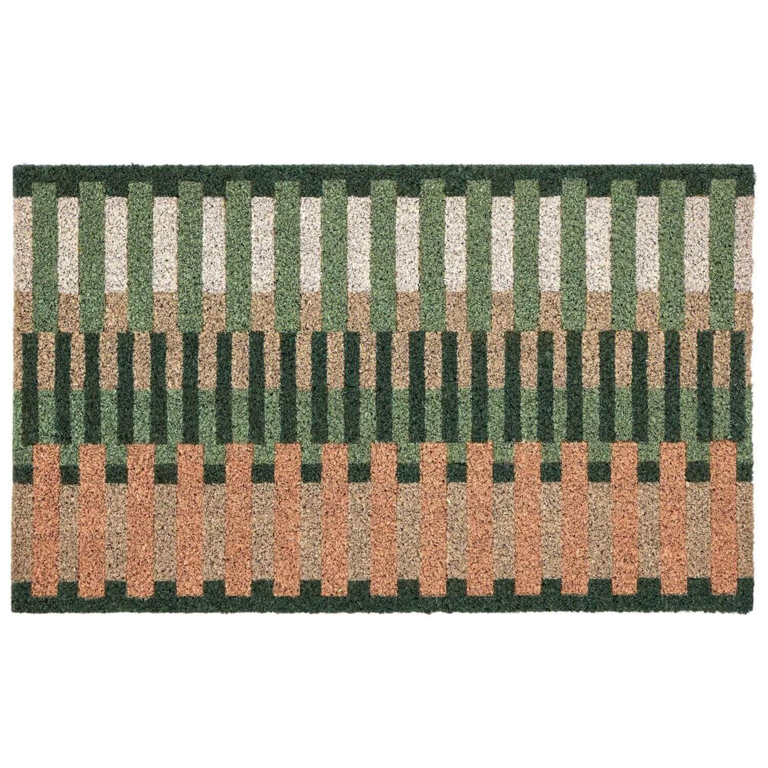 Rectangular doormat with a striped pattern in green, brown, and white on a white background