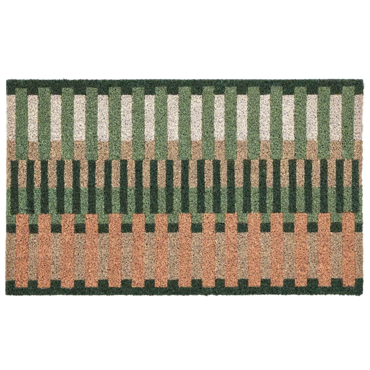 Rectangular doormat with a striped pattern in green, brown, and white on a white background