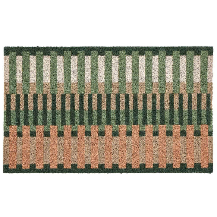 Rectangular doormat with a striped pattern in green, brown, and white on a white background