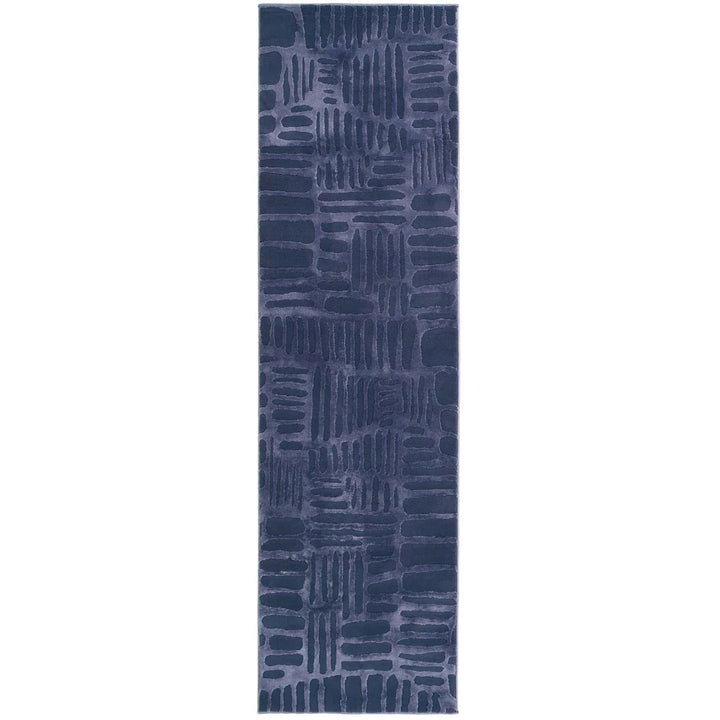 Navy blue runner rug with abstract pattern on a white background