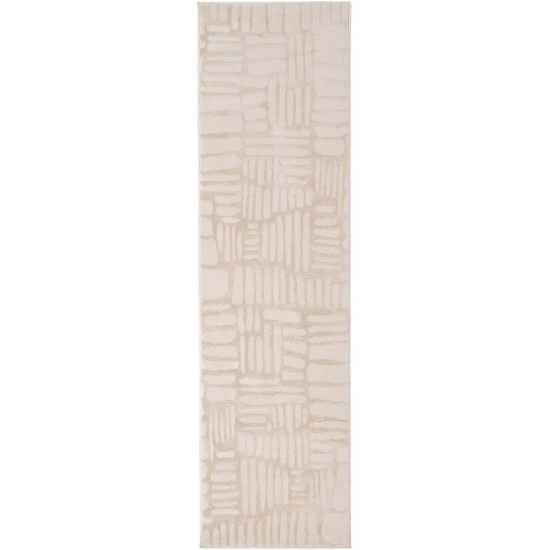 Beige runner rug with geometric pattern on a white background
