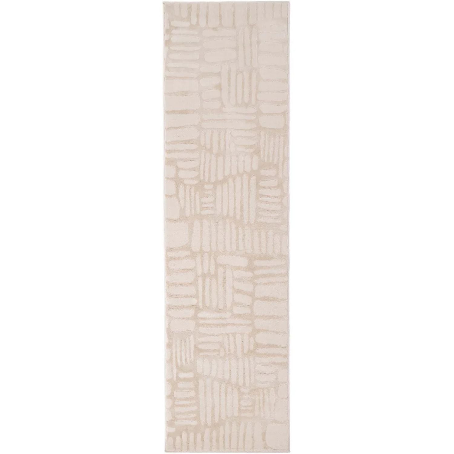 Beige runner rug with geometric pattern on a white background