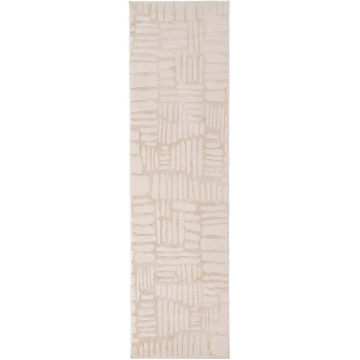 Beige runner rug with geometric pattern on a white background