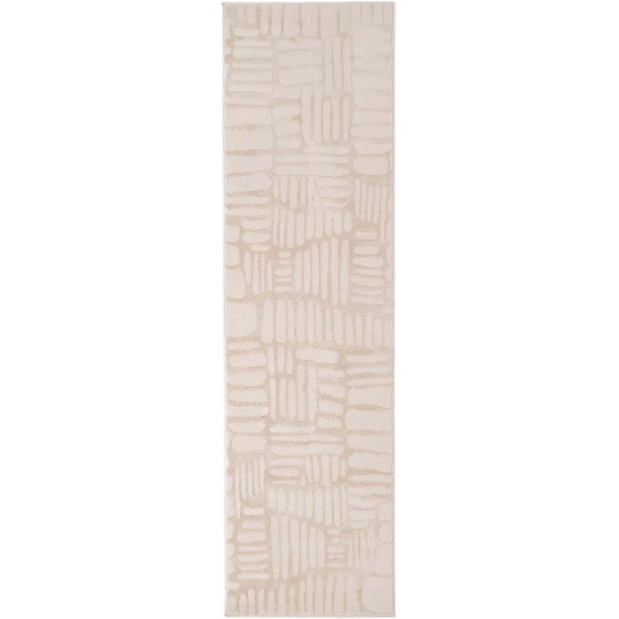 Beige runner rug with geometric pattern on a white background