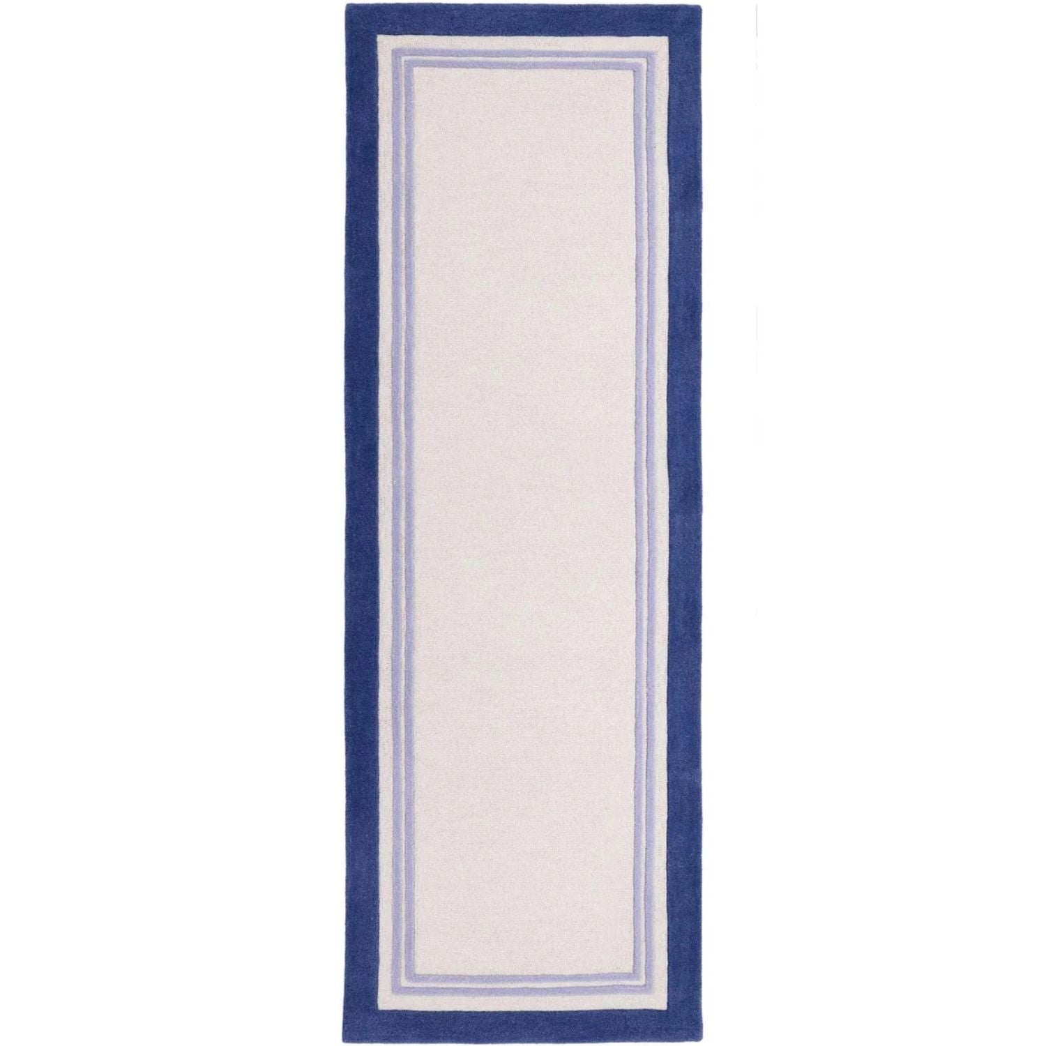 Rectangular rug with blue border on a white background
