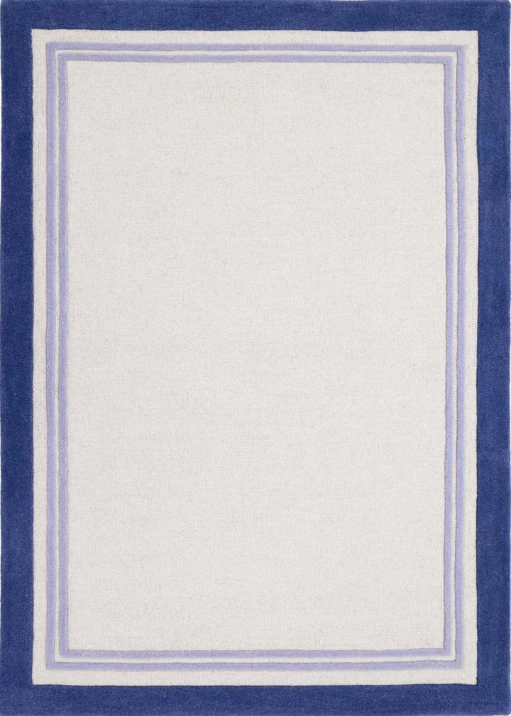 Rectangular rug with a blue border on a white background