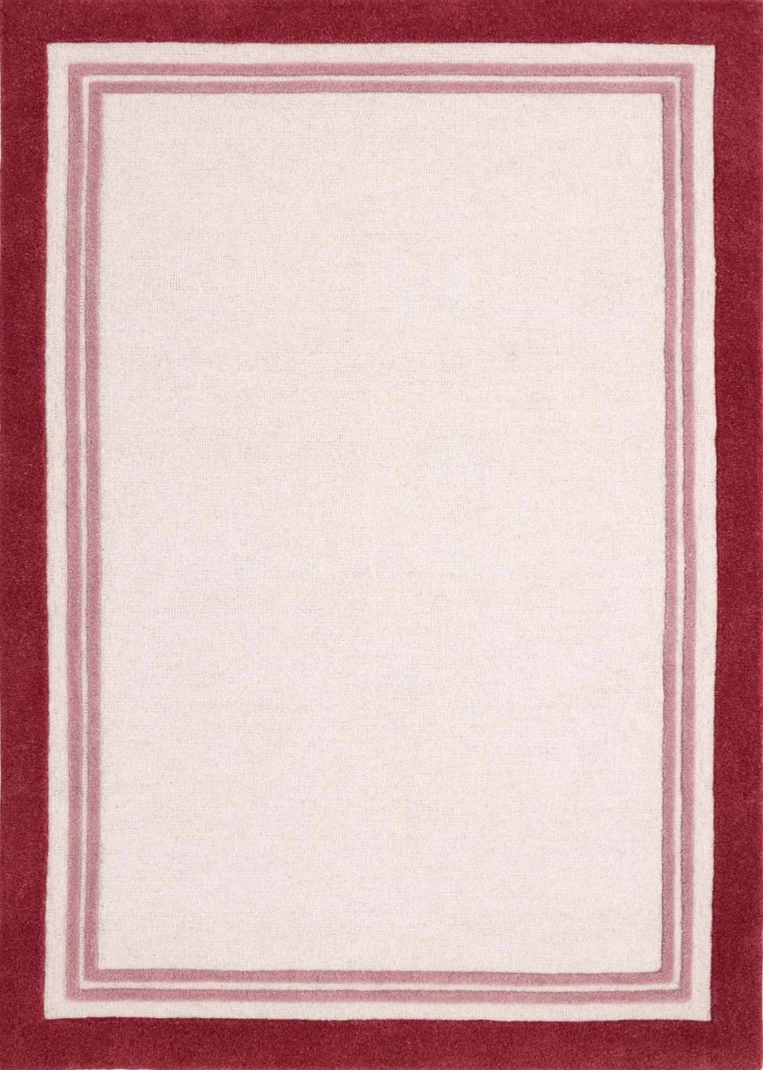 Rectangular area rug with a red border on a white background