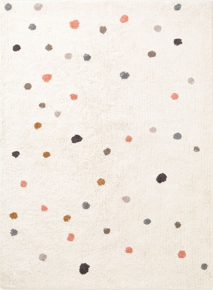 Patterned rug with multicolored dots on a beige background