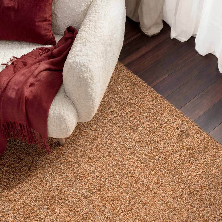 Close-up of a textured brown carpet with a white sofa and red blanket in the background.