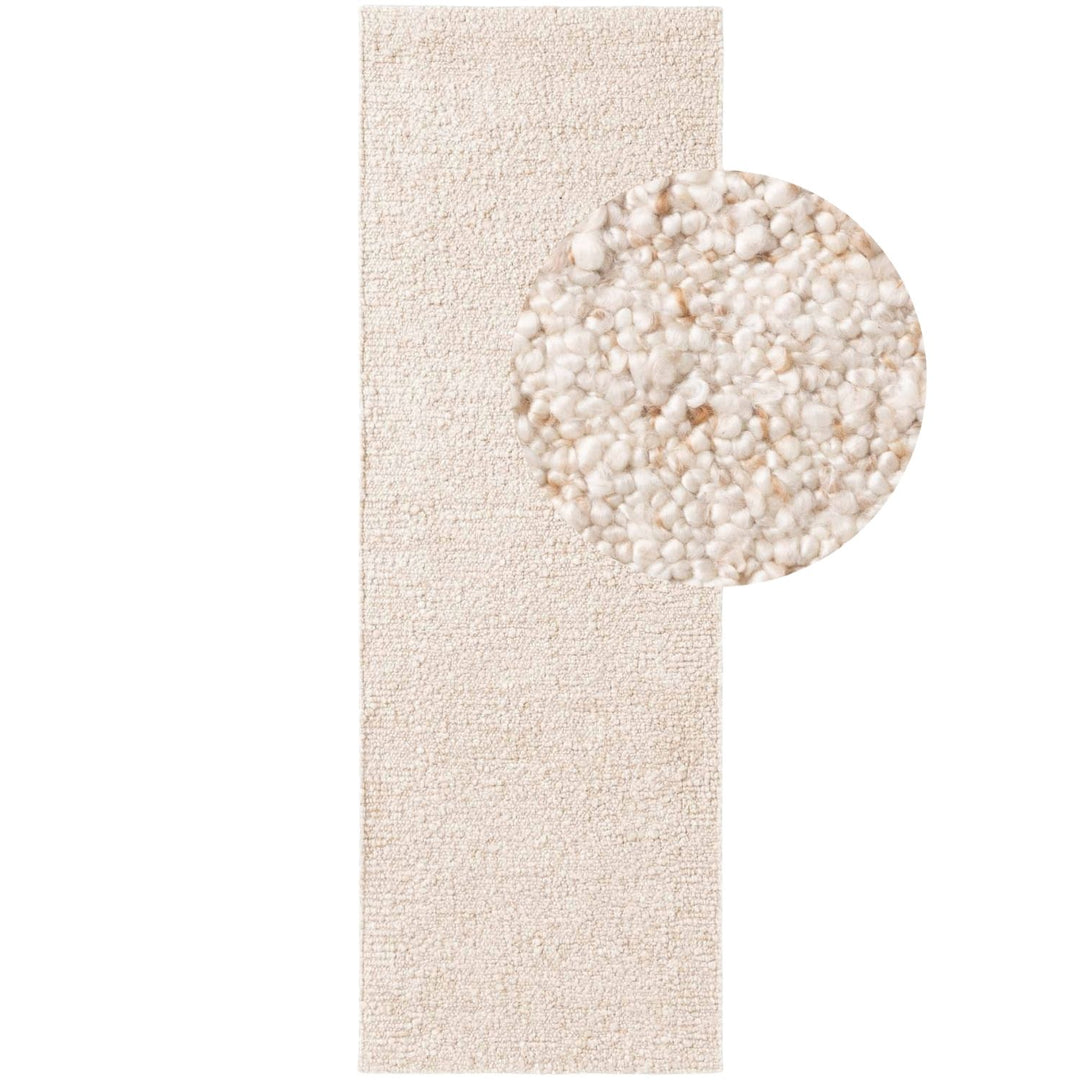 Beige textured rug with a circular close-up on a white background