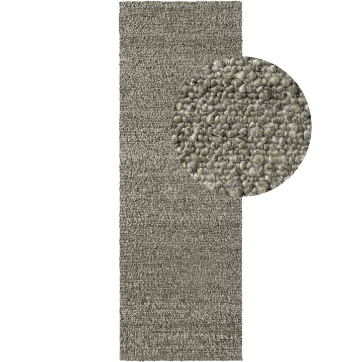 Gray textured rug with a circular pattern on a white background