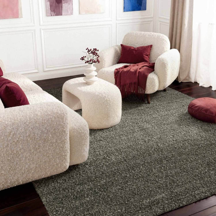 Modern living room with white armchairs, a gray rug, and decorative pillows.