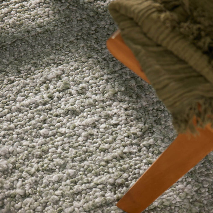 Close-up of a green carpet with a brown rug corner.