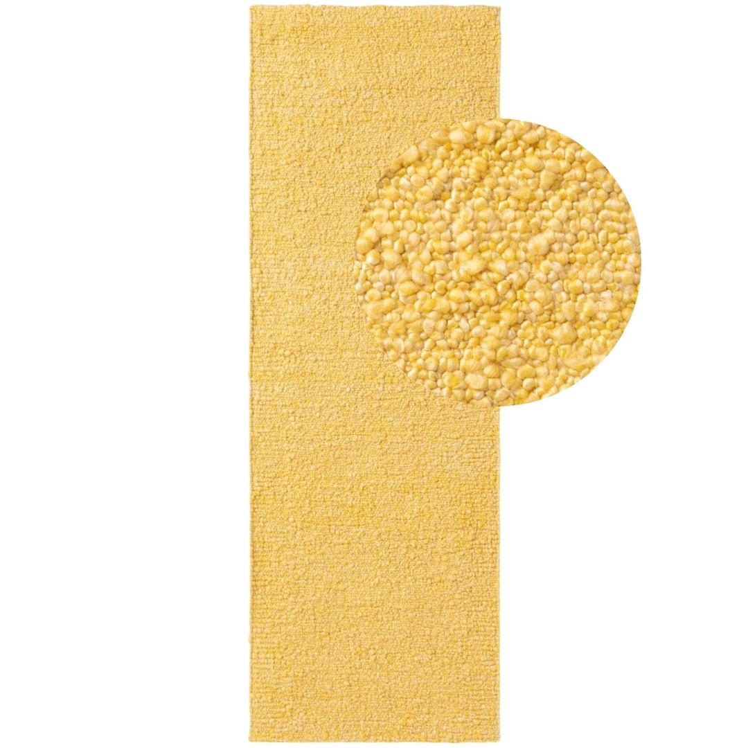 Yellow textured bath mat with a close-up of its surface on a white background