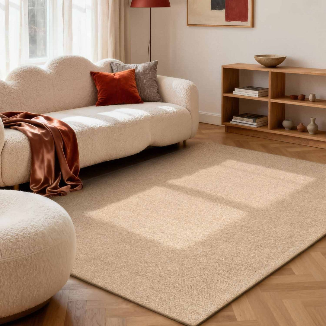 Fine Boucle Wool Rug Knots Beige, textured design, heat insulting, sound-absorbing rug.
