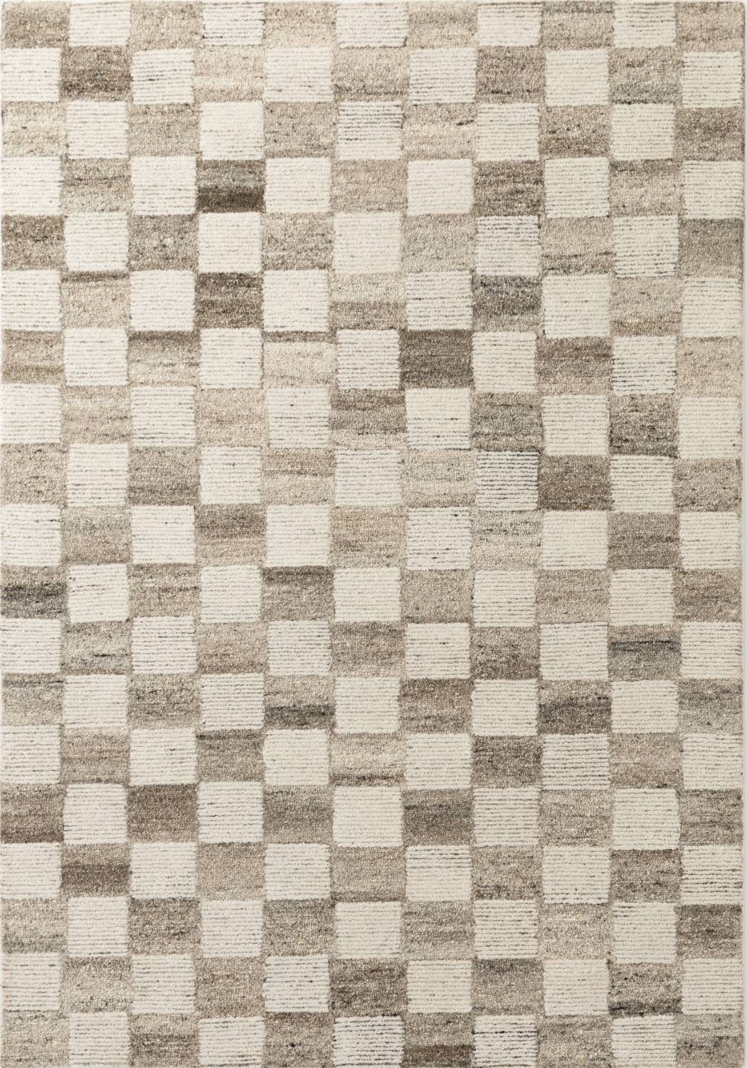 Checkered pattern rug with beige and brown squares