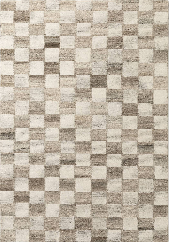 Checkered pattern rug with beige and brown squares