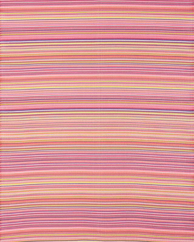 Pink striped geometric outdoor rug with vibrant rainbow colors, perfect for adding modern flair to any outdoor space.