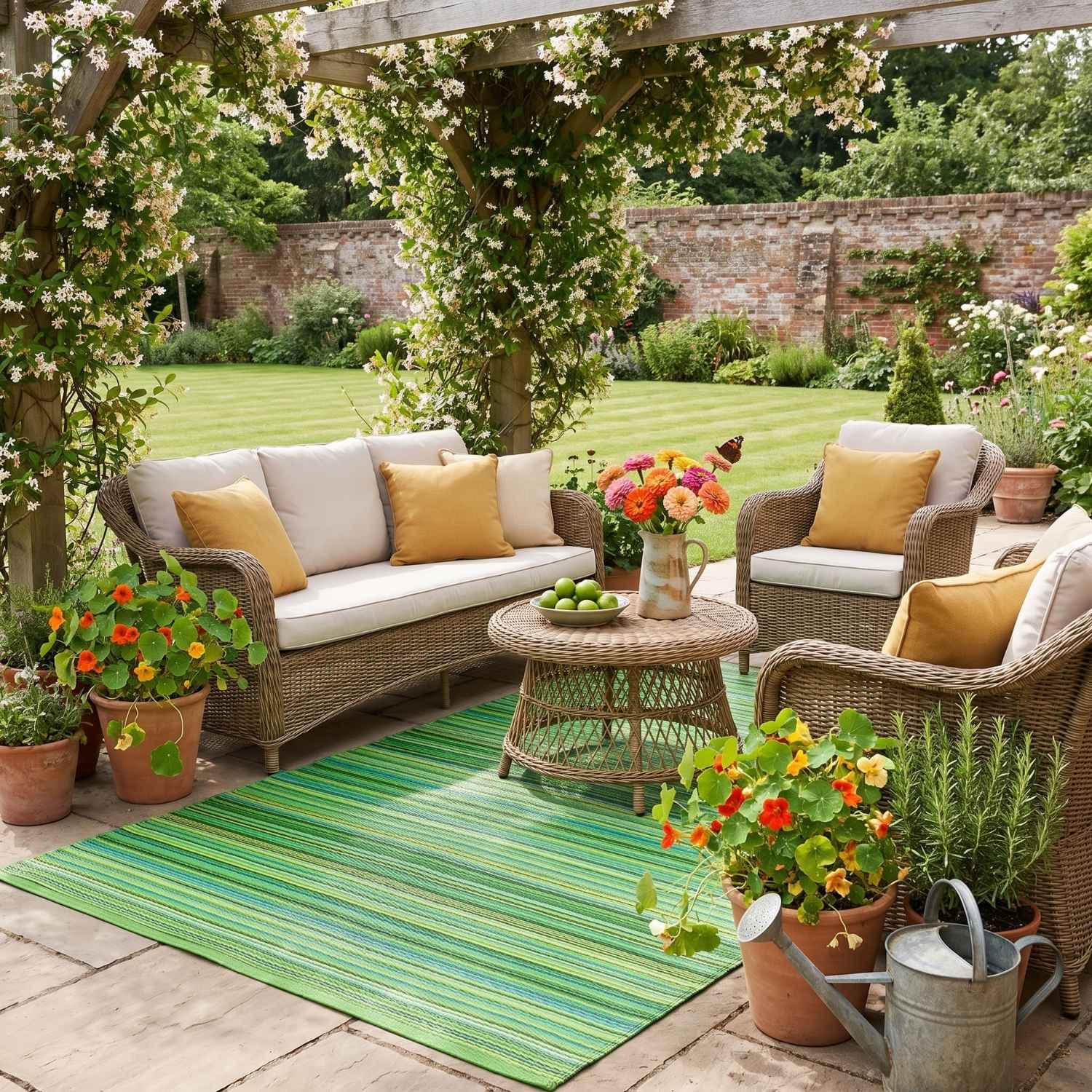 Rainbow Outdoor Rug Green, reversible, weatherproof, durable material rug.