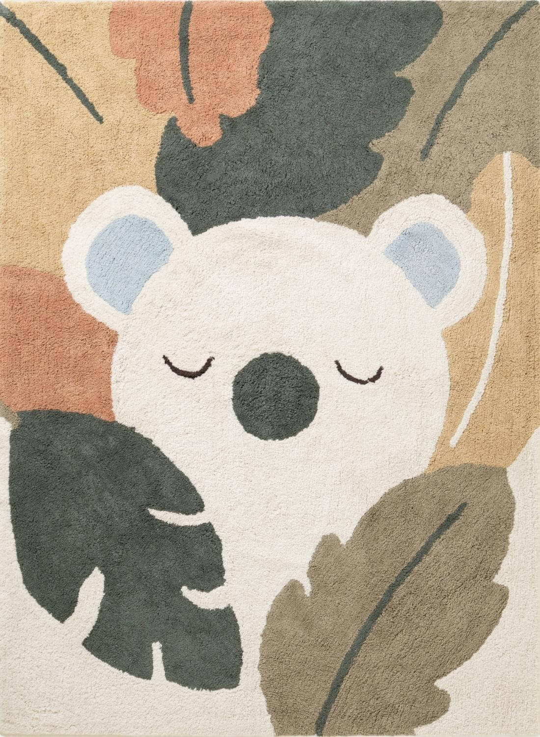 Rug with a koala design surrounded by leaves on a beige background