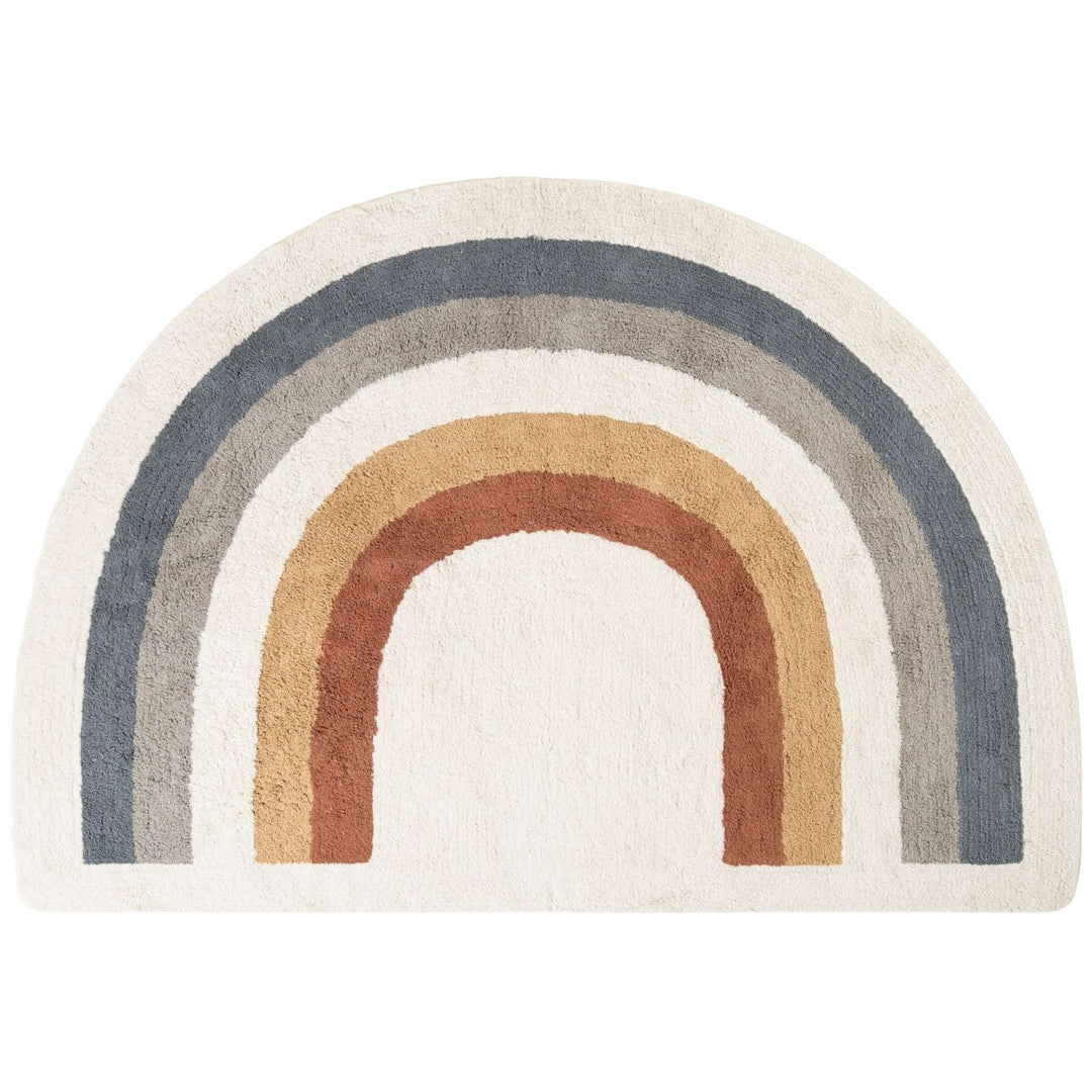 Half-circle rug with rainbow pattern on a white background