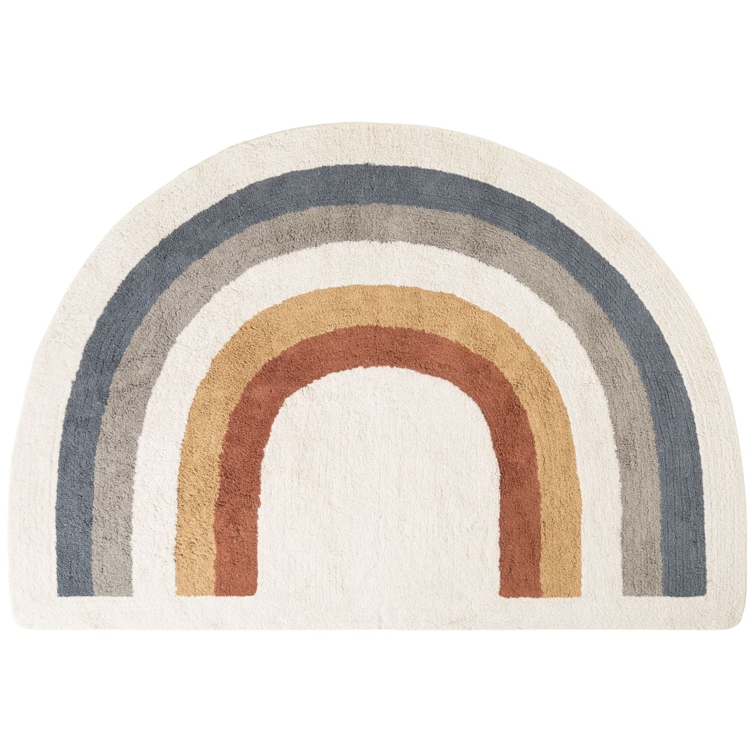 Half-circle rug with rainbow pattern on a white background