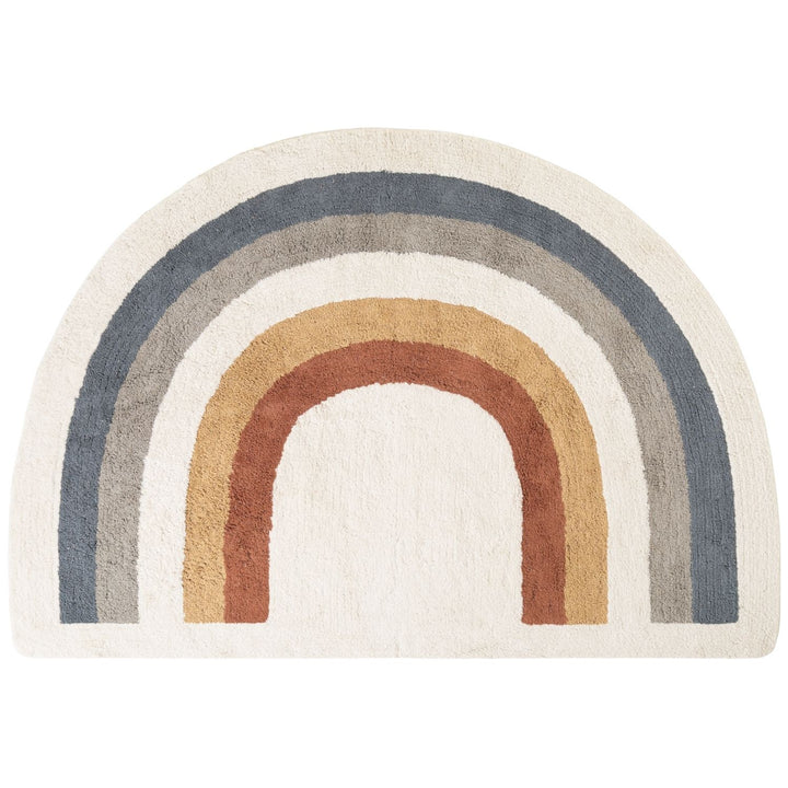 Half-circle rug with rainbow pattern on a white background