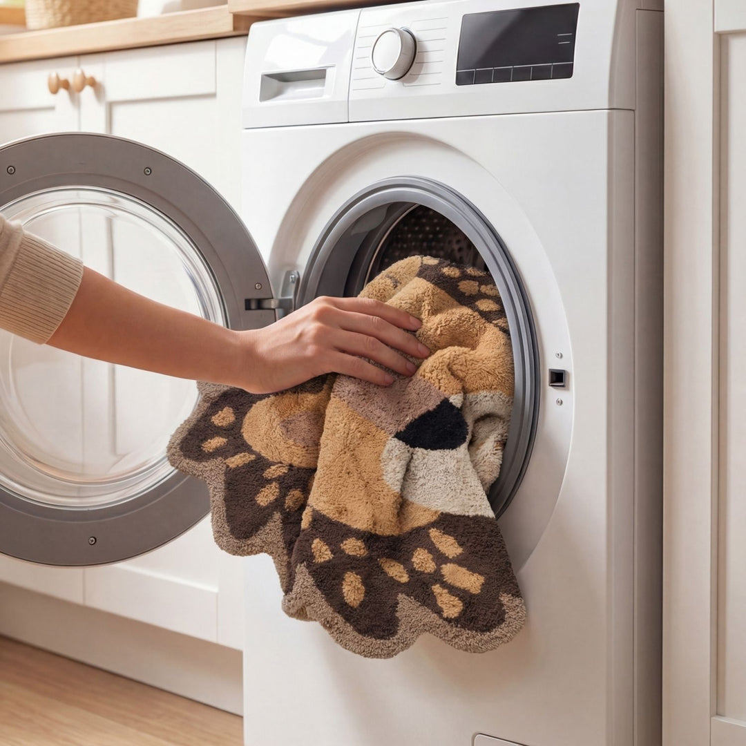 Person loading a patterned towel into a washing machine