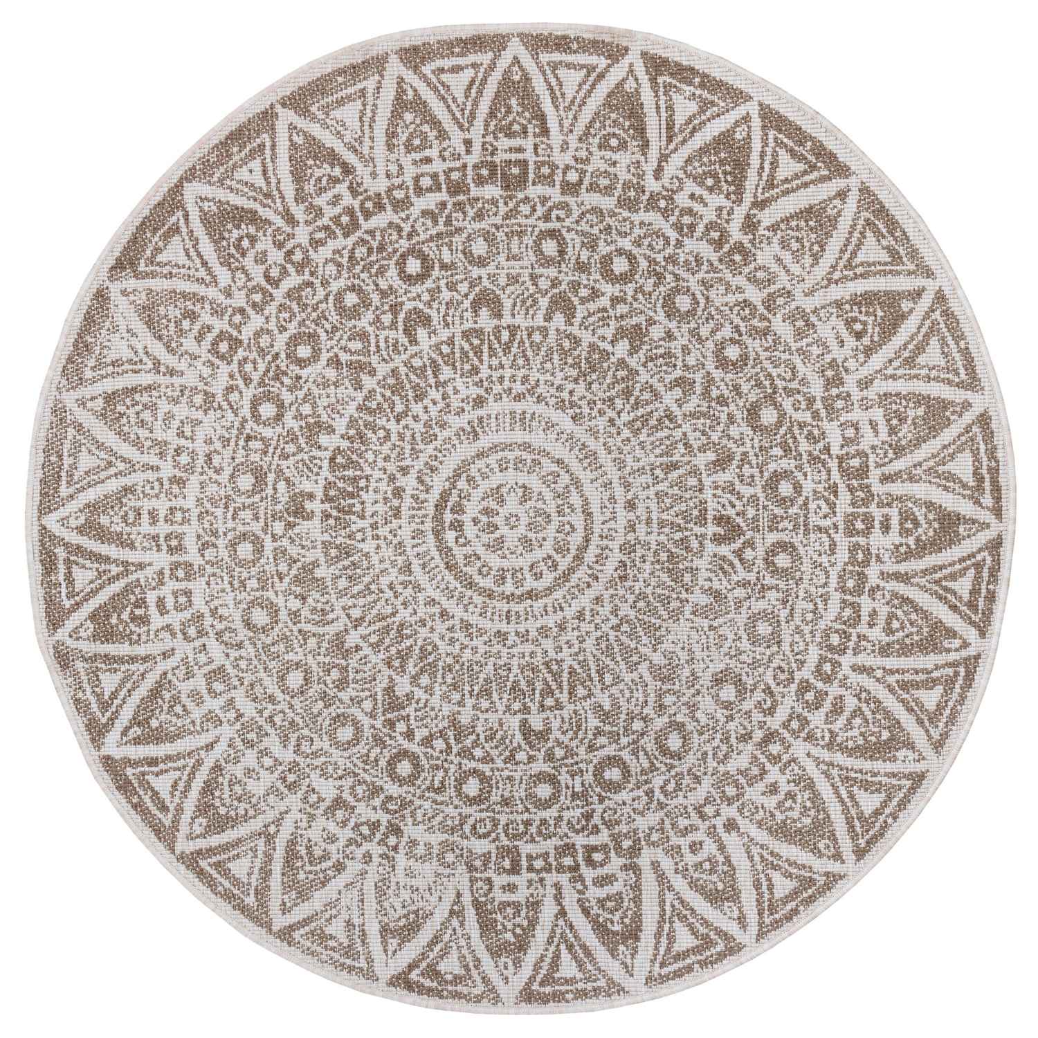 Round Lilja Vintage Brown Rug, reversible outdoor-indoor rug.