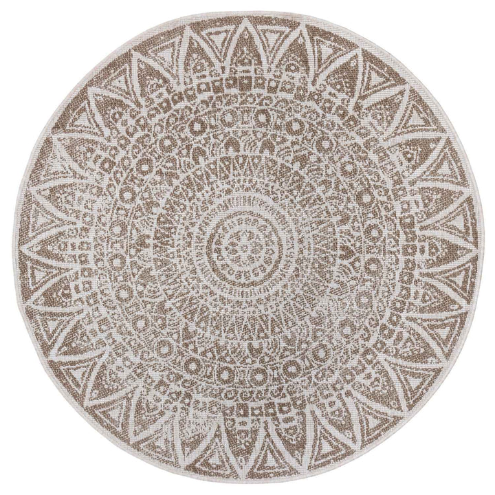 Round Lilja Vintage Brown Rug, reversible outdoor-indoor rug.