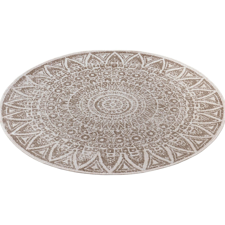 Round Lilja Vintage Brown Rug, reversible outdoor-indoor rug.
