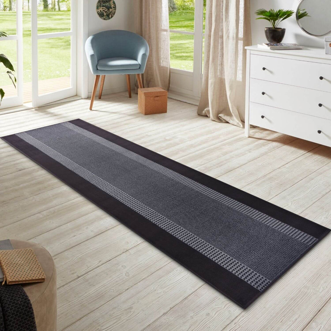 Designer Velours Runner Band Rug Black