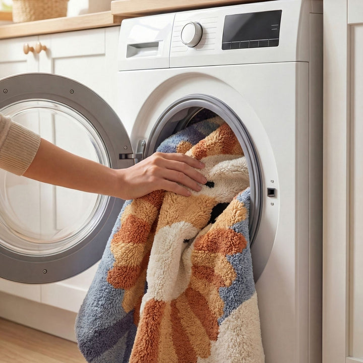 Person taking a colorful towel out of a washing machine in a kitchen.