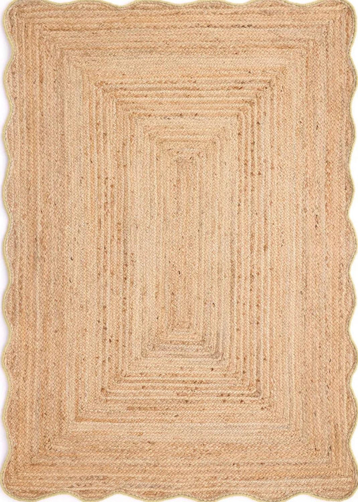 Beige braided rug with a rectangular pattern on a plain background