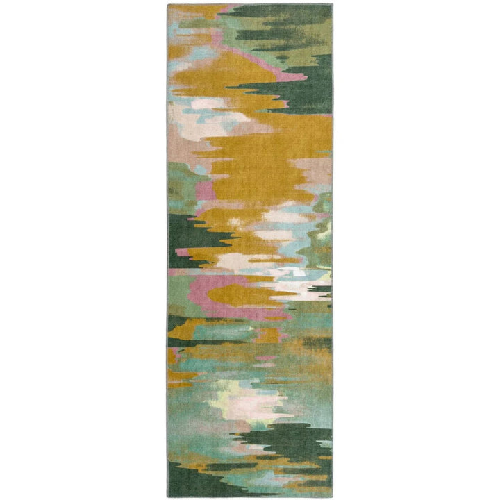 Colorful abstract patterned rug on a white background