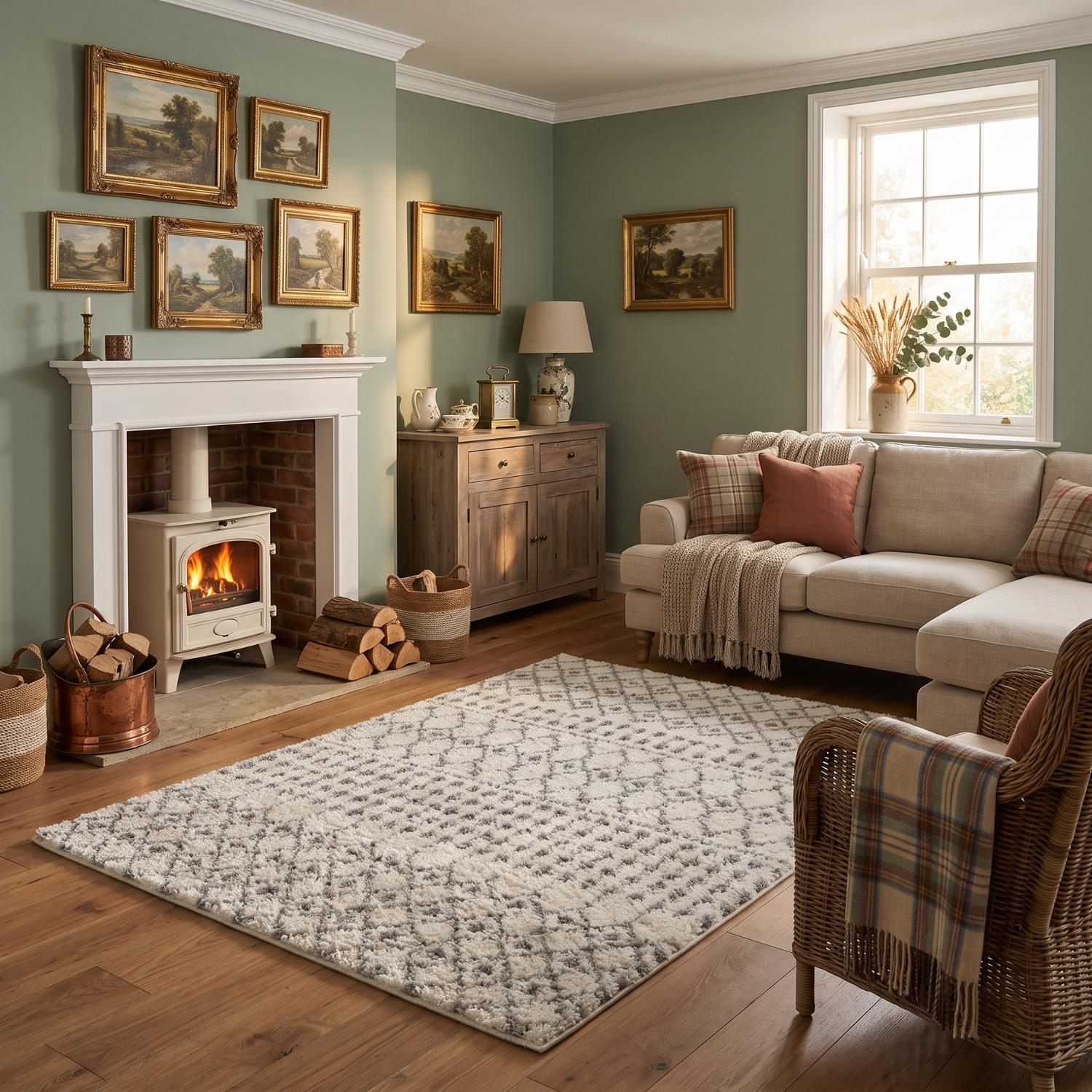 Shaggy Rug Ivory-Grey colours non-shedding, pet-friendly.