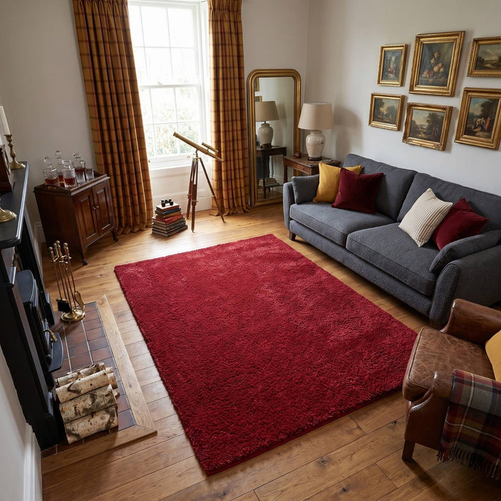 Shaggy Rug Plain Red non-shedding easy to clean